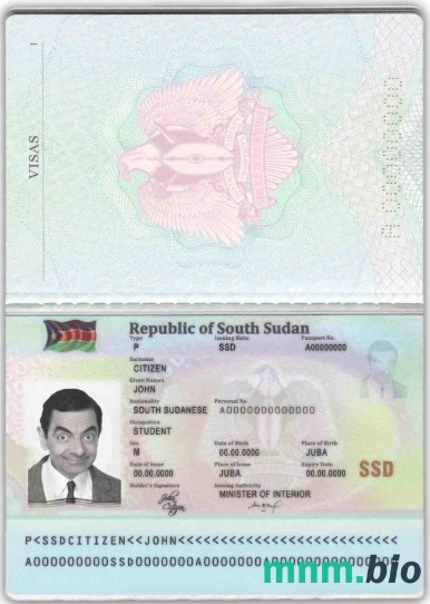 Przykład paszportu Sudanu Południowego w formacie PSD, w pełni edytowalny